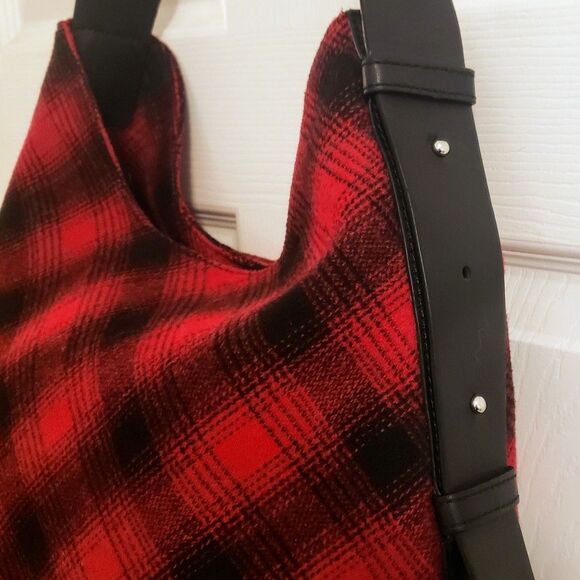 j. jill Hobo Bag Red & Black Buffalo Plaid Wool Blend Leather Strap - Picture 5 of 8